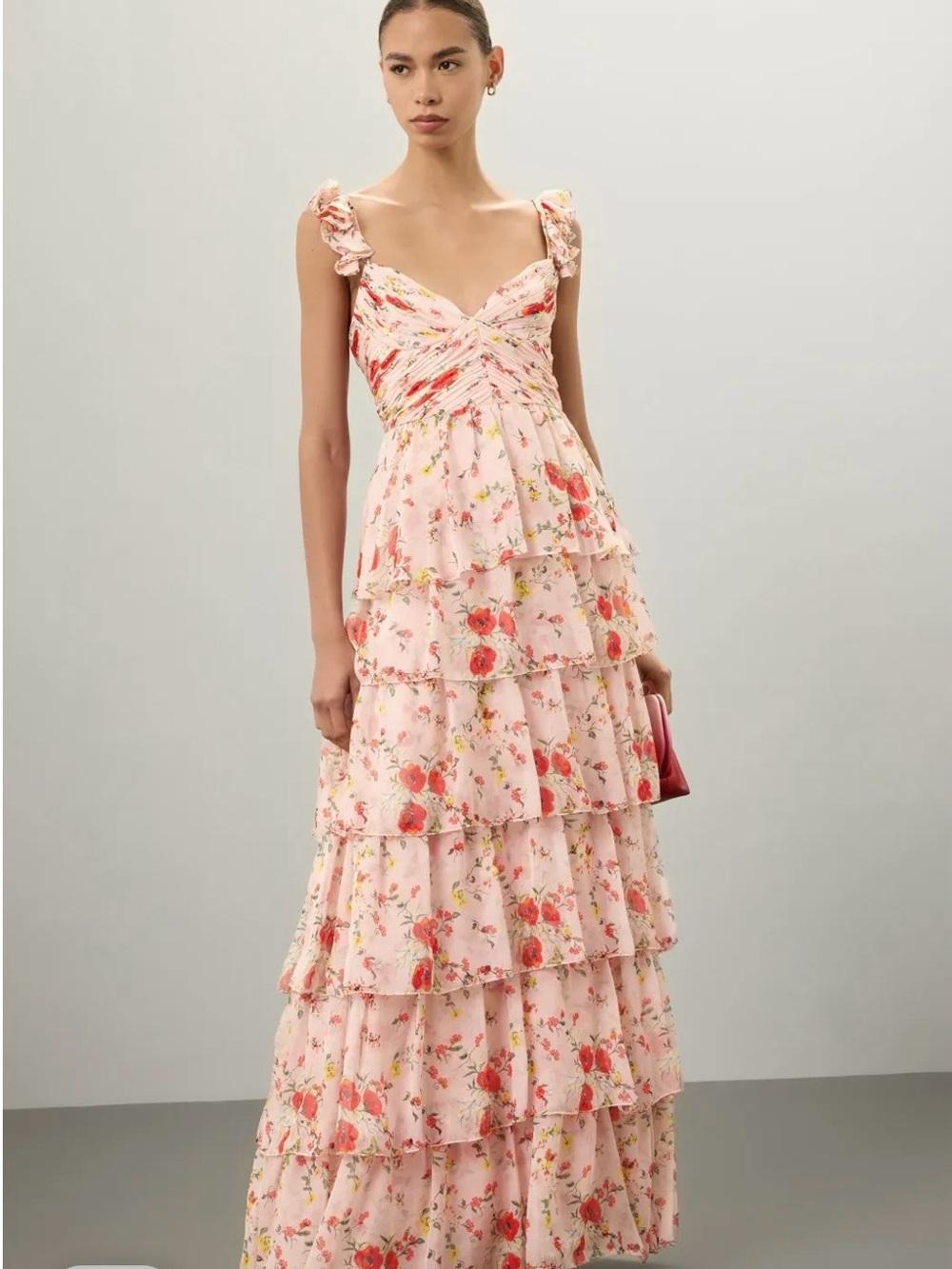 Ieena Mac Duggal Pink Floral Tiered Maxi Dress with Ruffled Straps